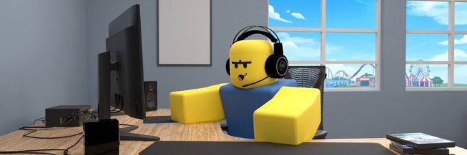 A yellow Roblox-style cube character wearing headphones and a blue shirt sits at a gaming desk with a monitor, capturing the playful vibe of the Solana token $CUBEMAN. The banner showcases the character's gaming-themed design, fitting the community-created branding shared on Moby.
