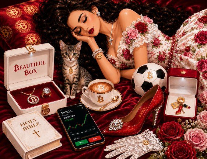 AI-generated image of a sleeping dark-haired woman in a floral dress surrounded by luxury items including Bitcoin-themed jewelry, a Bitcoin coffee cup, a 'Beautiful Box', a 'Holy Bible', a red high-heeled shoe, and a phone displaying a $SOL trading chart.
