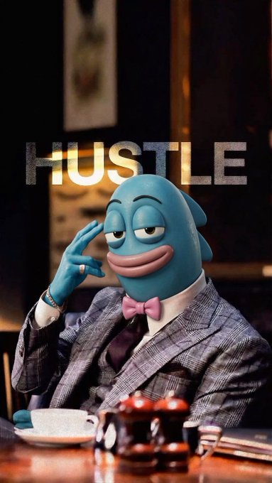 A blue cartoon character in a suit and pink bow tie posing thoughtfully with the text 'HUSTLE' displayed prominently above.