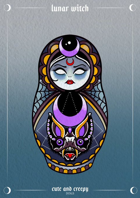 A stylized illustration of a Russian nesting doll labeled "lunar witch" at the top and "cute and creepy DOLLS" at the bottom, featuring a witch's face with a crescent moon on her forehead above a snarling bat-like creature, all framed by decorative moon phases in the corners.