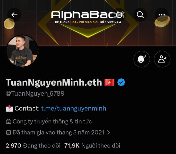 A profile page on AlphaBacon showing user 'TuanNguyenMinh.eth' (@TuanNguyen_6789), a Vietnamese communications company, with 71.9K followers.
