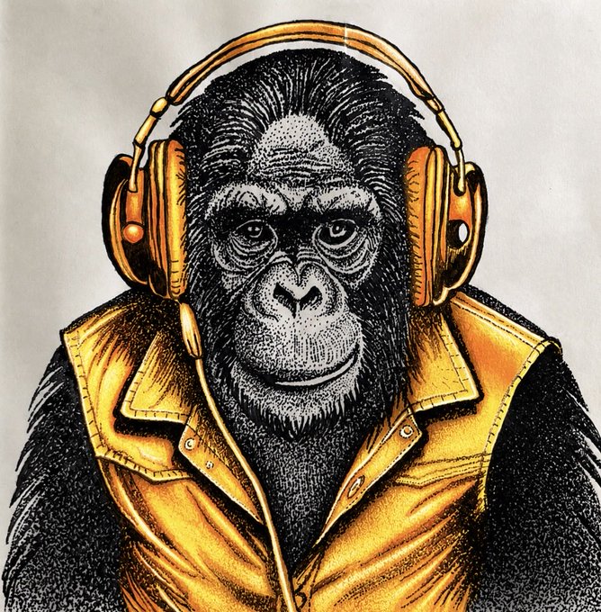 An illustration of a gorilla wearing headphones and a yellow vest.