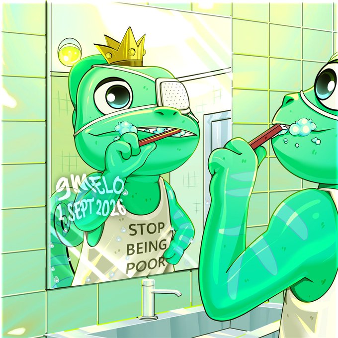 Cartoon illustration of a green frog wearing a gold crown and an eyepatch, brushing its teeth in front of a mirror while wearing a shirt that says 'STOP BEING POOR'; the mirror shows graffiti reading 'SWFLO 1 SEPT 2026'.