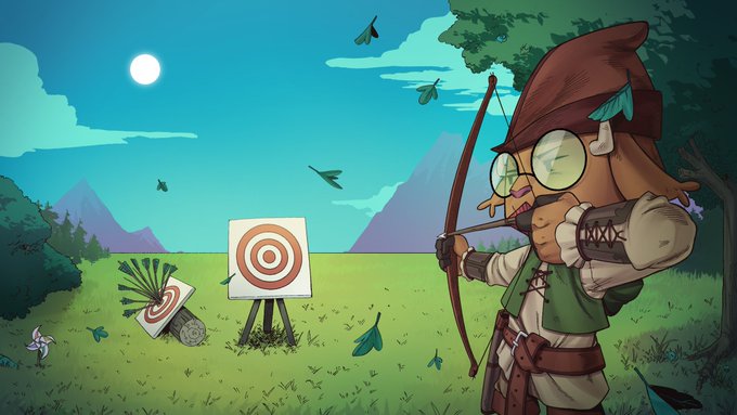 A cartoon illustration of an archery character with glasses, a brown hood, and gear, drawing a bow aimed at a target with arrows already stuck in it, set in a grassy landscape with mountains, trees, and a sunlit sky in the background.