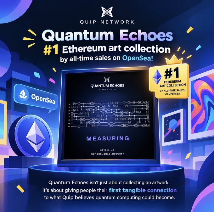 A promotional graphic for "Quantum Echoes" by "QUIP NETWORK" claims it as the "#1 Ethereum art collection by all-time sales on OpenSea," showing a digital artwork and an Ethereum logo.