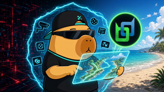 A cartoon bear wearing sunglasses and a black cap holds a holographic map in front of a digital city backdrop, with security and tech icons surrounding it and a green and blue logo in the upper right.