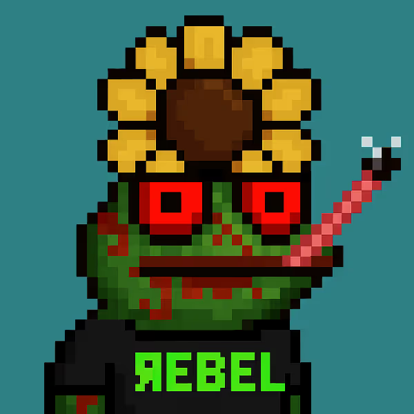 A pixel-art portrait of a sunflower-headed figure with red eyes, green body, and a pink stinger extending to the right, labeled "REBEL" in green text on a dark pedestal — matching the cryptic, meme-coded vibe of "$tibbir" (rebel reversed) as the figure embraces a rebellious, creature-like aesthetic.