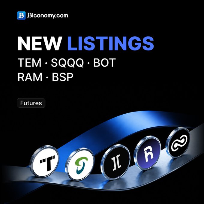 A promotional graphic for Biconomy.com announces 'NEW LISTINGS' for the futures 'TEM • SQQQ • BOT' and 'RAM • BSP', displaying the coins below.