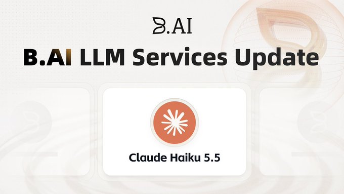 A B.AI LLM Services Update announcement features the Claude Haiku 5.5 model icon (an orange circle with a white starburst) centered on the slide.