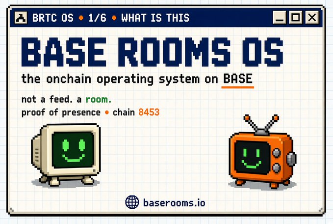 A pixel-art style graphic displays "BASE ROOMS OS" with the text "the onchain operating system on BASE," "not a feed. a room.," and "proof of presence • chain 8453" alongside two smiling retro TV and robot icons.