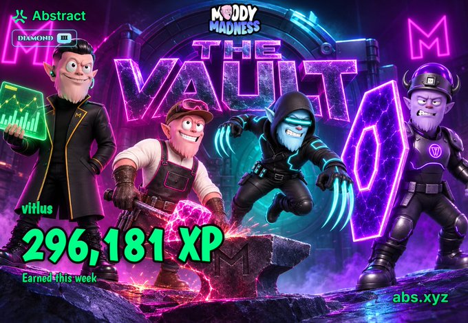 An advertisement for 'Moddy Madness' at 'THE VAULT' on Abstract displays '296,181 XP' earned this week by user 'vitilus', showing four cartoon characters in a neon-lit, purple-themed scene.