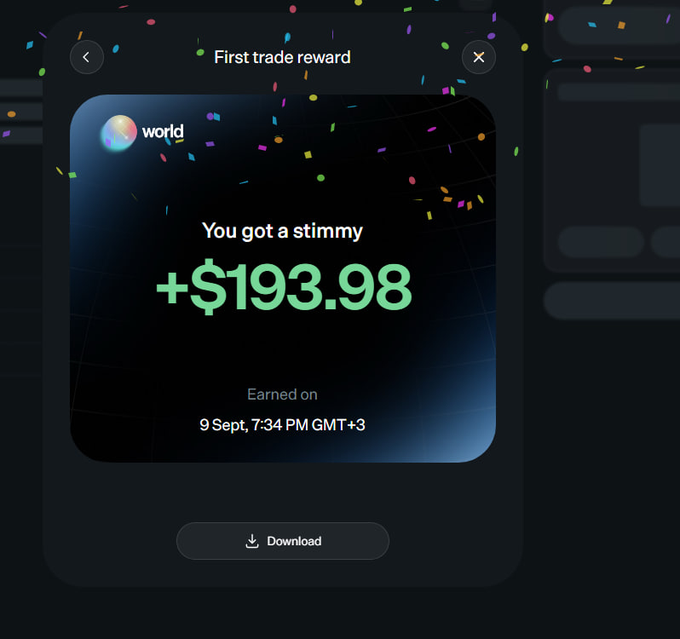 A 'First trade reward' notification from Worldcoin celebrates 'You got a stimmy +$193.98', earned on 9 Sept, 7:34 PM GMT+3, with confetti animations.