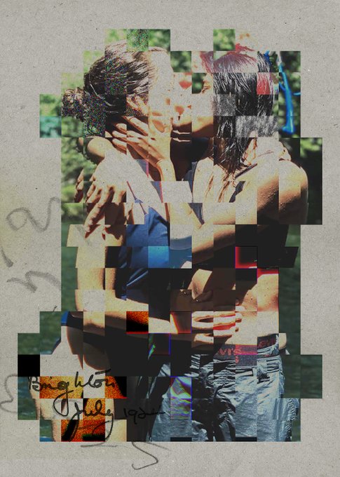 A pixelated, glitch-art collage depicts two figures embracing, with handwritten text reading "Boughton July 1995" overlaid at the bottom. The fragmented, distorted imagery evokes a fragmented memory or "signal/witness," tying into the post's reference to an upcoming NFT mint on Mallowdot Art.