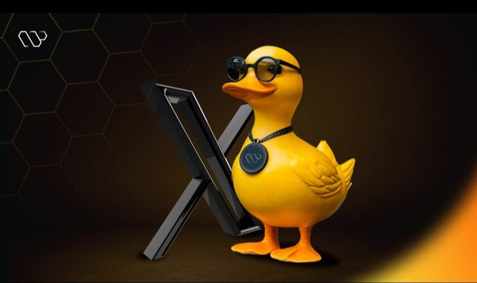 The image features a yellow duck standing next to a black laptop computer. The duck has sunglasses on its head and appears to be wearing a necklace with a pendant. The background of the image is dark, which contrasts with the bright colors of the duck and the laptop. There are no other objects or texts in the image besides the duck and the laptop.