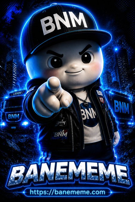 A cartoon mascot character wearing a 'BNM' cap points at the viewer, with 'BANEMEME' and 'https://banememe.com' displayed below against a blue-lit city background.