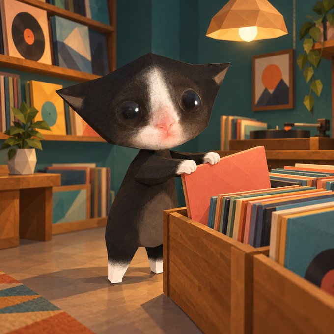 A stylized digital artwork showing a small cat standing on its hind legs browsing through colorful vinyl records in a cozy, record-store-like room.