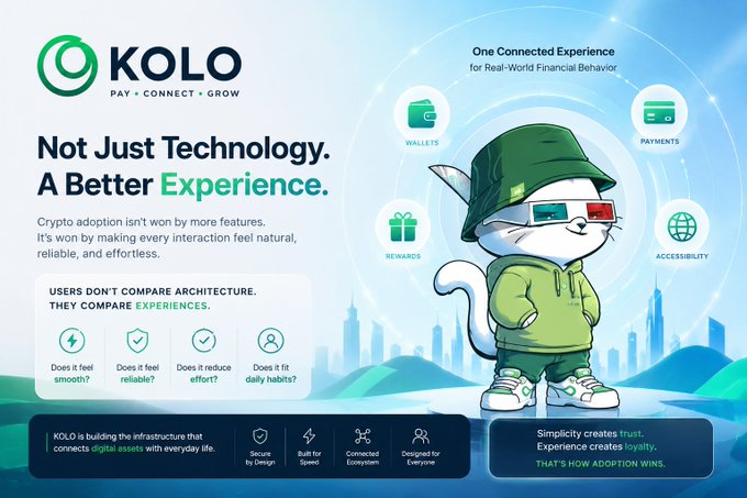 The image features a cartoon cat wearing a green hat, standing against a blue background with mountains behind him. The text on the image reads "KOLO" and "Not just technology. A better experience." This suggests that the image might be related to a KOLO advertisement or promotional material for their cryptocurrency platform.