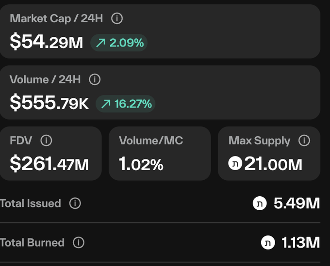 A cryptocurrency statistics panel displays Market Cap of $54.29M (+2.09%), 24H Volume of $555.79K (+16.27%), FDV of $261.47M, Max Supply of 21.00M, Total Issued of 5.49M, and Total Burned of 1.13M.
