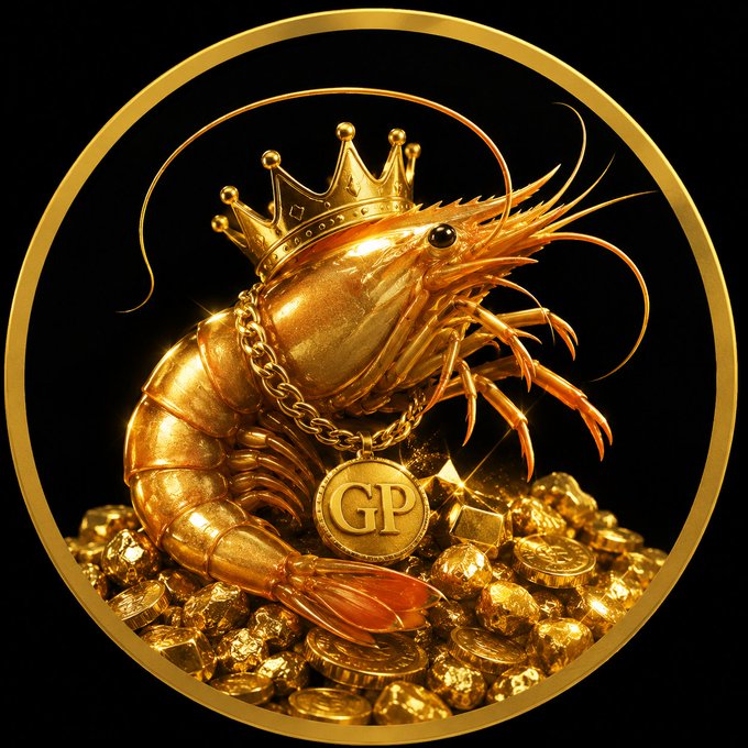 A detailed golden illustration of a shrimp wearing a crown and a chain with a 'GP' medallion, surrounded by gold coins and nuggets on a black background.