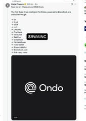 A social media post announcing a livestream about Ondo Finance and Flux, with '3RWAINC' hashtag text and an Ondo logo.