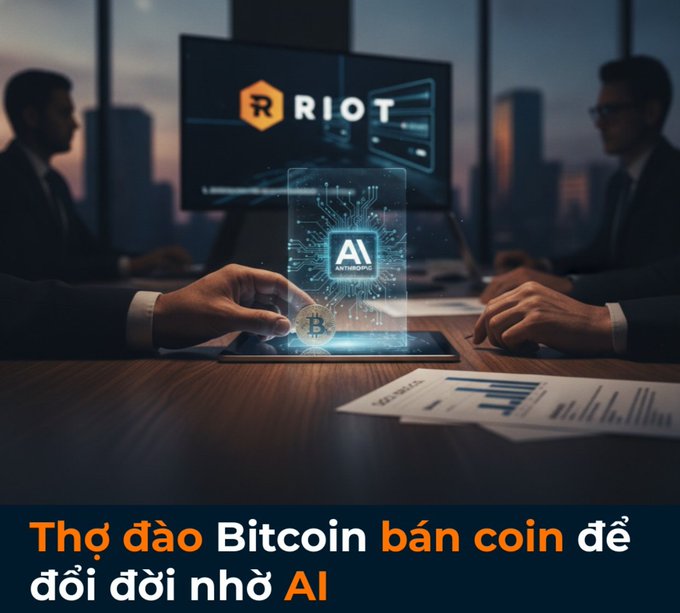 A dramatic image with the 'RIOT' logo on a monitor, hands on a table with a glowing 'AI Anthropic' chip, a Bitcoin symbol, and Vietnamese text reading 'Thợ đào Bitcoin bán coin để đổi đời nhờ AI' (Bitcoin miners sell coins to change their lives thanks to AI).