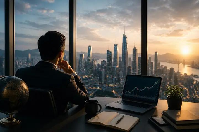 A man in a suit looks out a large window at a city skyline at sunset, with a laptop displaying a rising line graph, an open notebook, a coffee mug, and a globe on his desk.