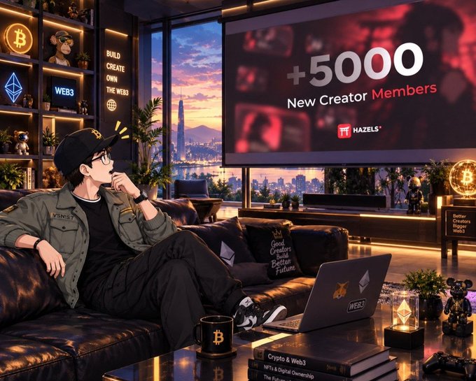 An anime-style digital artwork depicts a young man in a cap and glasses lounging on a leather sofa, with a large screen behind him displaying '+5000 New Creator Members' and the 'HAZELS' logo, alongside Bitcoin and Web3 decor.