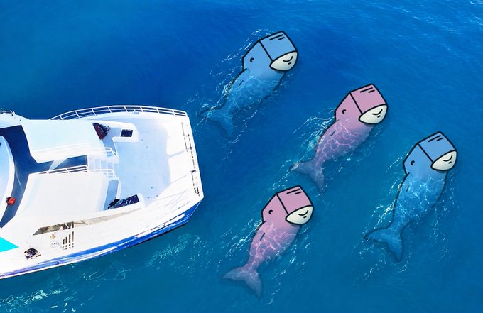 An aerial view shows a white boat on blue water with four whale-like creatures, edited with cartoon faces that appear to be CryptoPunks, swimming alongside it.