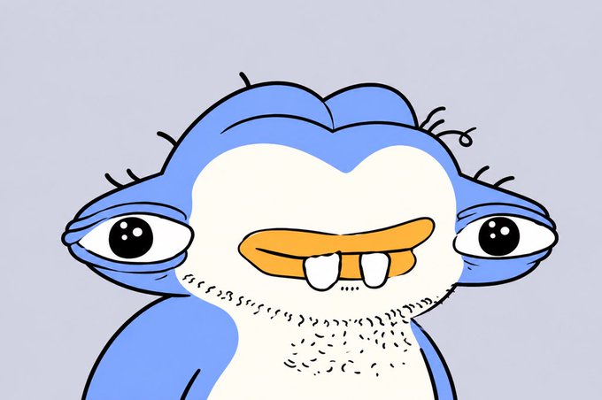 A grumpy, disheveled blue cartoon character with heavy-lidded eyes, stubble, and prominent buck teeth stares blankly forward, embodying the unimpressed, "done with it" attitude of someone telling algo traders to stop obsessing over updates and just keep posting about Polymarket. The character's dead-eyed, weary expression perfectly mirrors the post's dismissive, exhausted tone toward the hype cycle.