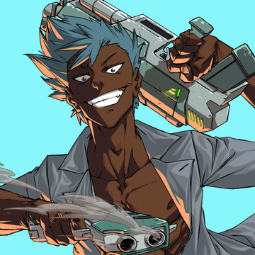 An illustrated character with spiky gray hair and dark skin, wearing a lab coat, holding a large gun and wearing wrist-mounted devices with a confident grin.