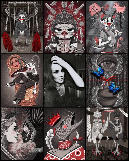 A 3x3 grid collage of stylized illustrations featuring surreal portraits, a monkey with a teacup, a matryoshka doll, an eye with blue butterflies, and a crocodile labeled "La Truce," all rendered in a red, gray, and black palette.