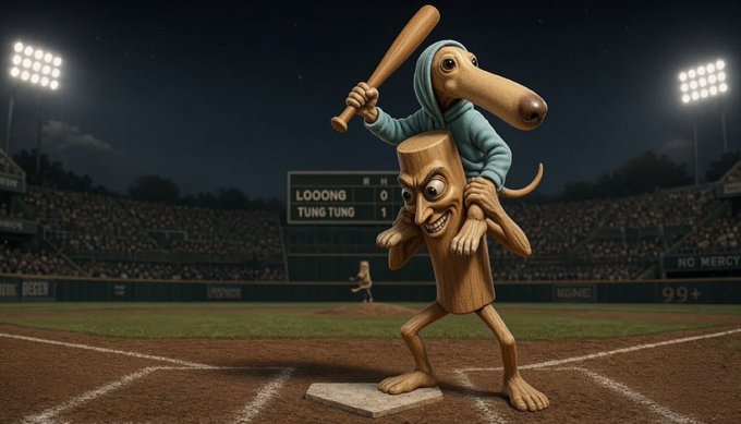 A whimsical illustration of a cartoonish dog character in a hoodie riding on the back of a wooden log-like figure holding a baseball bat at a stadium, with a scoreboard reading 'LOOOONG 0' and 'TUNG TUNG 1'.