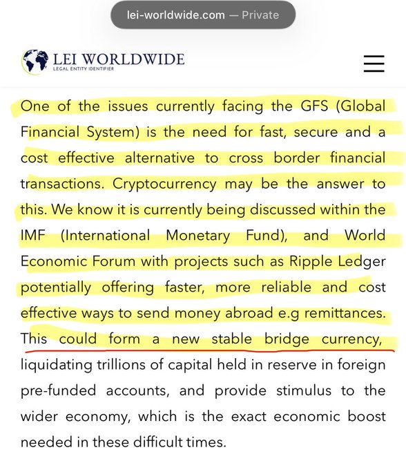 A highlighted paragraph from lei-worldwide.com discusses cryptocurrency as a potential solution for faster, secure cross-border transactions in the Global Financial System, citing IMF and World Economic Forum projects like Ripple Ledger for remittances and creating a new stable bridge currency—directly supporting the post's mention of "IMF + WEF Ripple."