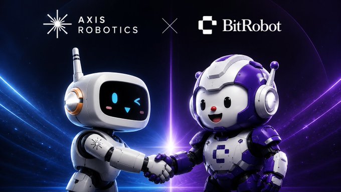 The image features two robot figures shaking hands against each other with the text "Axis × BitRobot Network is LIVE! @axisrobotics is proud to partner with @BitRobotNetwork - an open robotics lab building on Solana Together, they're launching SN/04 - a web-based teleoperation-in-simulation campaign where contributors help generate high-quality training data". The robots are positioned in the center of the image and appear to be interacting with each other.