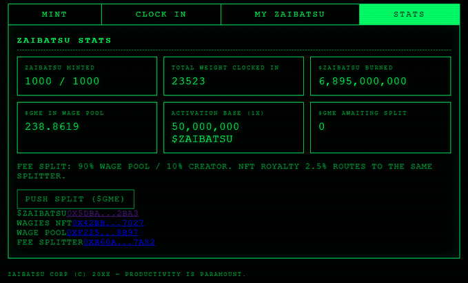 This "ZAIBATSU STATS" screen shows that 6,895,000,000 $ZAIBATSU tokens have been burned, while 1000 $ZAIBATSU have been minted out of a total of 1000. The image supports the post's claim of significant token burning and limited supply.