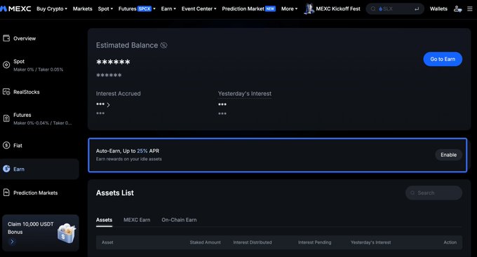 Screenshot of the MEXC cryptocurrency exchange Earn page, showing an Estimated Balance section, an 'Auto-Earn, Up to 25% APR' feature highlighted in a blue box, and an Assets List with options for MEXC Earn and On-Chain Earn.
