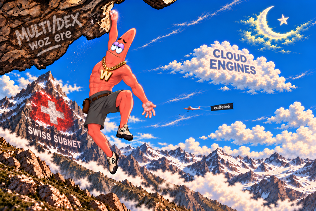 A digital collage showing Patrick Star from SpongeBob wearing a gold 'W' chain and shorts, climbing a rock labeled 'MULTI/DEX woz ere' past a 'SWISS SUBNET' mountain, with 'CLOUD ENGINES' and 'caffeine' text in the sky featuring a crescent moon and star.