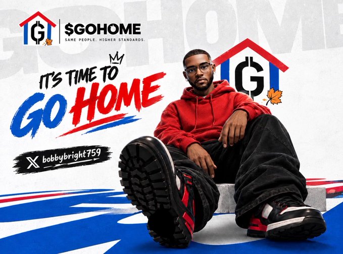 A promotional graphic for '$GOHOME' cryptocurrency featuring a man in a red hoodie sitting with the slogan 'IT'S TIME TO GO HOME' and handle @bobbybright759, with red, white, and blue branding.