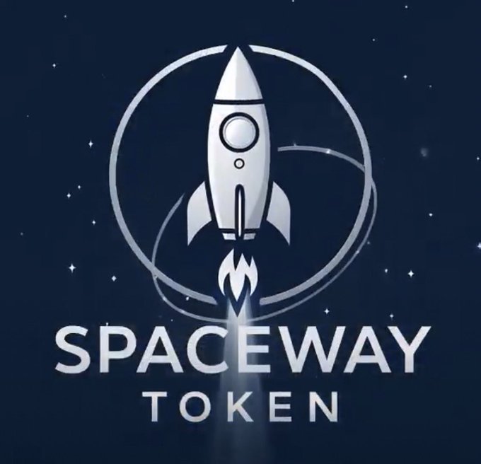 The image features a logo for the spaceway token, which has been described as an art project by someone named Chris. The logo is set against a dark blue background with white stars scattered throughout the scene. The main element of the logo is a rocket flying out from the bottom right corner and moving towards the top left area. The rocket appears to be on fire, giving it a sense of motion and power. Below the rocket, there's text that reads "Spaceway token 50$ in Sol Giveaway Like+RT Follow @SpaceWayTokens Comment". The focus is on what is happening with this image, as well as its connection to the spaceway token promotion being advertised.