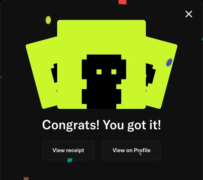 A digital achievement screen with green ticket-like graphics displaying 'Congrats! You got it!' with buttons to 'View receipt' and 'View on Profile'.