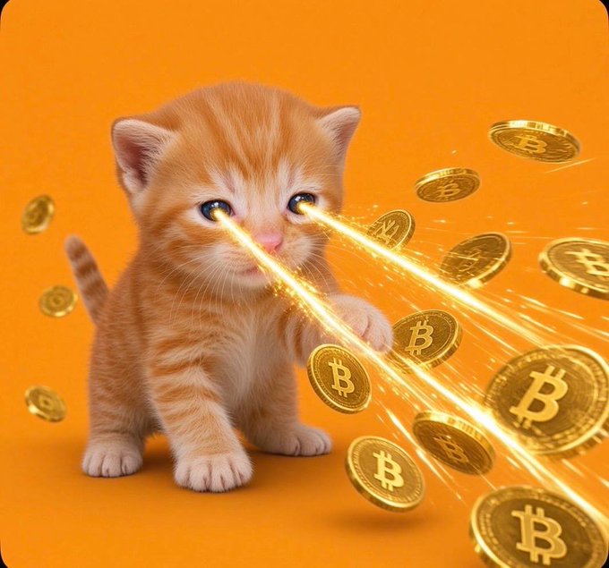 An adorable orange tabby kitten with glowing laser-beam eyes shoots out golden Bitcoin coins marked with the "₿" symbol against a vibrant orange background, playfully illustrating the post's message to "buy the cat $BTC." The image humorously depicts the kitten as a "money machine," with beaming crypto rewards flying from its eyes.