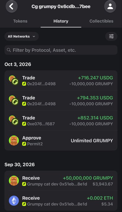 A mobile app screen showing the transaction history for a crypto wallet 'Cg grumpy 0x6cdb...7bee', listing trades involving GRUMPY and USDG tokens.