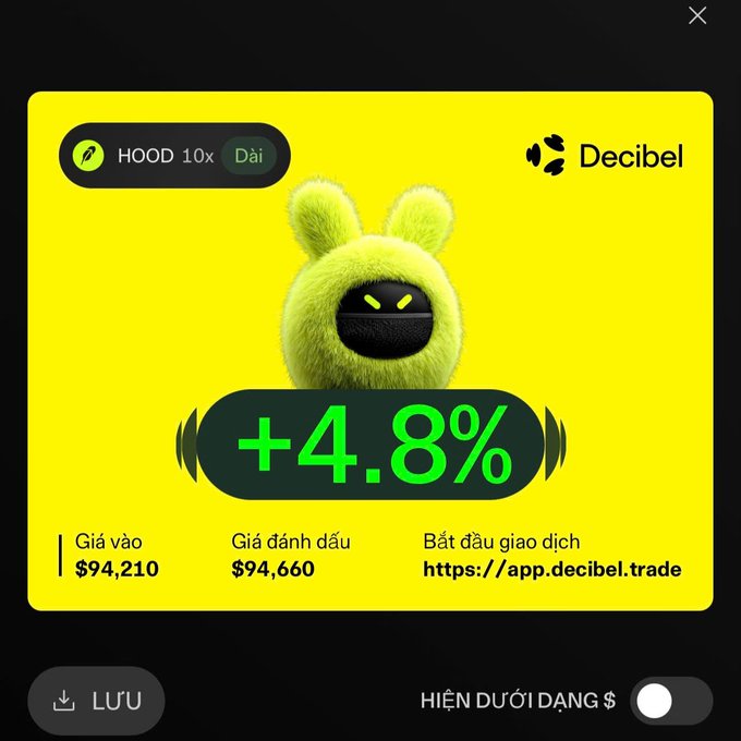 A Decibel trading advertisement features a green furry mascot with HOOD 10x showing a +4.8% return, entry price $94,210 and target price $94,660, with a link to https://app.decibel.trade.