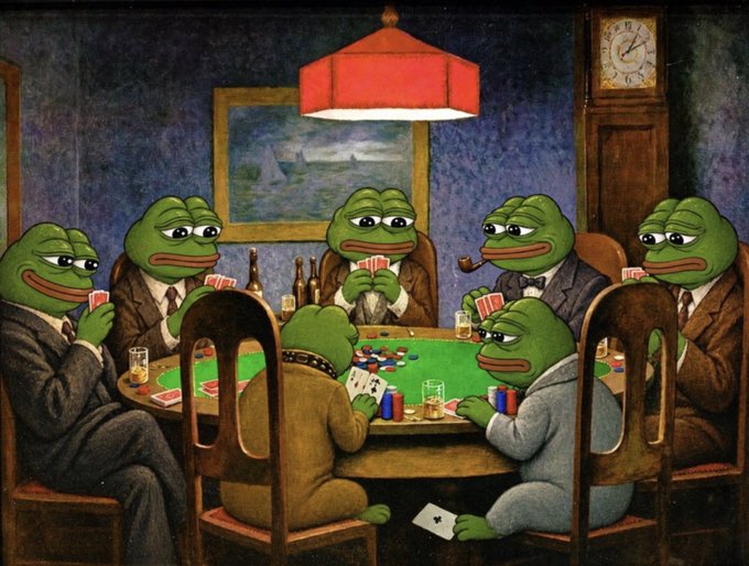 A parody of a classic painting showing several Pepe the Frog characters dressed in suits playing poker around a green table, with a grandfather clock in the background.