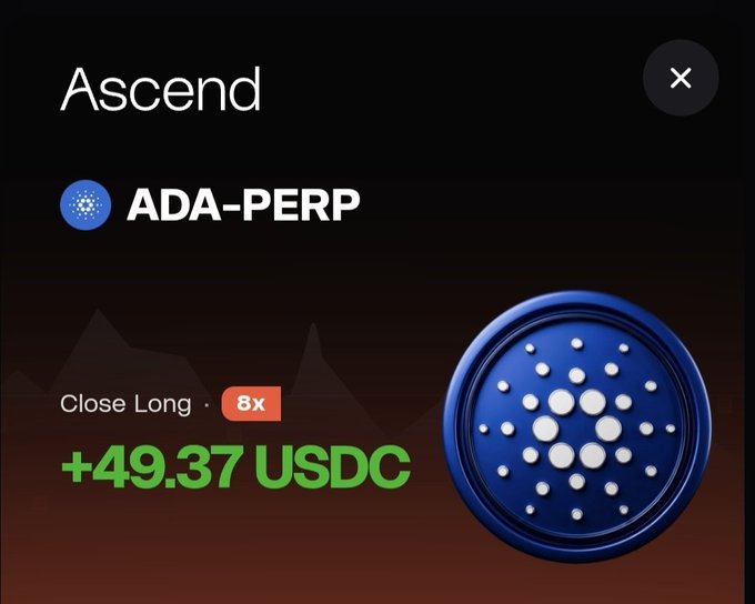 A cryptocurrency trading app interface shows 'Ascend' for 'ADA-PERP' with 'Close Long 8x' and a profit of '+49.37 USDC' next to the Cardano logo.