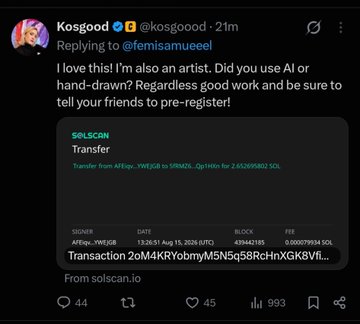 The image shows a X reply from user "Kosgood" (@kosgood) responding to "@femisamueeel," praising their work and asking if it was AI or hand-drawn, while linking to a SOLSCAN transaction of a **2.652059802 SOL transfer** (transaction ID: 2oM4KRYobmyM5NSq58RcHnXGK8vfL) from address 4Eqp...7WEGB to 85S51...Mj6 dated Aug 18, 2025. This ties to the caption's claim that @femisamueeel deactivated his account after being paid for stealing someone's video, with the transaction serving as on-chain proof of that payment.