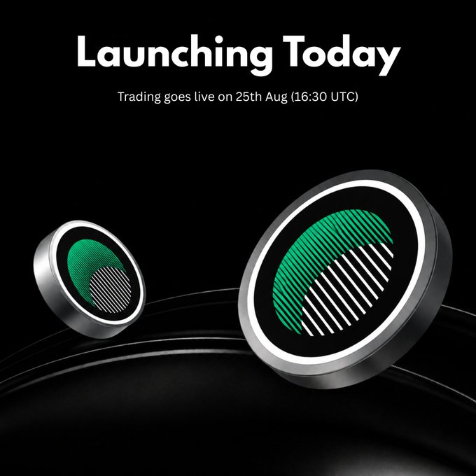 A promotional graphic reading 'Launching Today - Trading goes live on 25th Aug (16:30 UTC)' featuring two coin-like tokens with green and black striped designs on a black background.