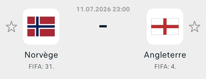 A sports matchup graphic showing Norway (FIFA: 31) vs England (FIFA: 4) scheduled for 11.07.2026 at 23:00, with both teams' national flags displayed.