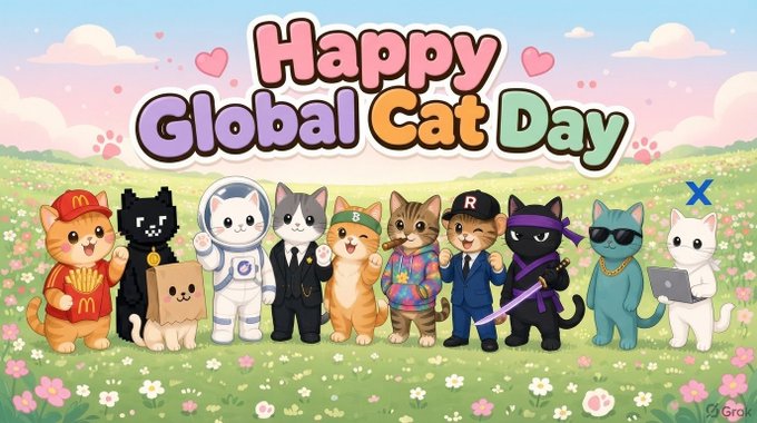 A colorful illustration celebrating 'Happy Global Cat Day' featuring a lineup of nine cartoon cats dressed in various costumes including a McDonald's worker, pixel art, astronaut, suit, tie-dye, and ninja outfits in a flowery field.