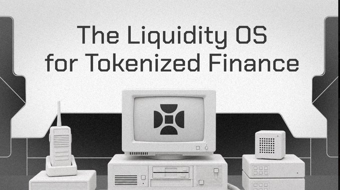 A monochrome retro tech illustration featuring a vintage computer, monitor, and phone with the text 'The Liquidity OS for Tokenized Finance' above.